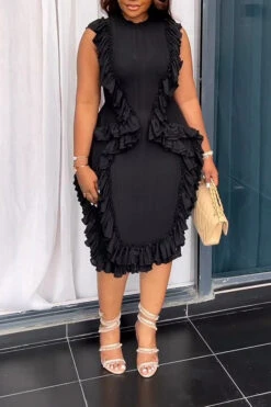 Gorgeous Sleeveless Frill Trim Midi Dress 5 Gorgeous Sleeveless Frill Trim Midi Dress -Acorpstyle XTF5359 BK 3