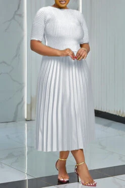 Chic Rib-knit T-shirt & Pleated Midi Skirt Set -Acorpstyle XTF5625 WH 1