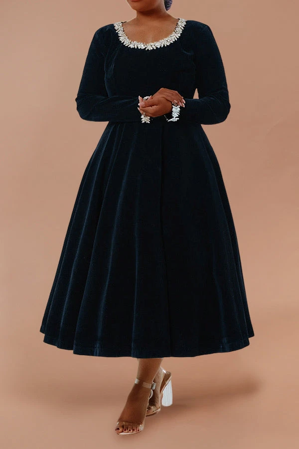 Elegant Velvet Rhinestone Decor A-line Holiday Dress 2 Elegant Velvet Rhinestone Decor A-line Holiday Dress - Image 2