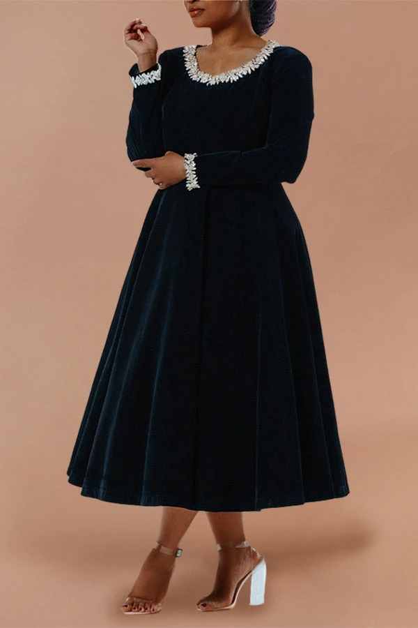 Elegant Velvet Rhinestone Decor A-line Holiday Dress 3 Elegant Velvet Rhinestone Decor A-line Holiday Dress - Image 3