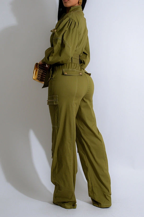 Chic Lantern Sleeve Front Zip Belted Cargo Jumpsuit 2 Chic Lantern Sleeve Front Zip Belted Cargo Jumpsuit - Image 2