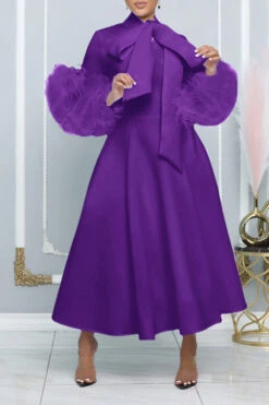 Fashionable High-Neck Leather Sleeve Dress With Bow Tie And Long Length 8 Fashionable High-Neck Leather Sleeve Dress With Bow Tie And Long Length -Acorpstyle XTF7734 PU 1