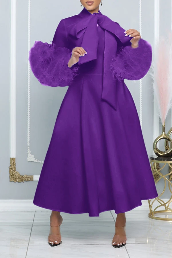 Fashionable High-Neck Leather Sleeve Dress With Bow Tie And Long Length 3 Fashionable High-Neck Leather Sleeve Dress With Bow Tie And Long Length - Image 3