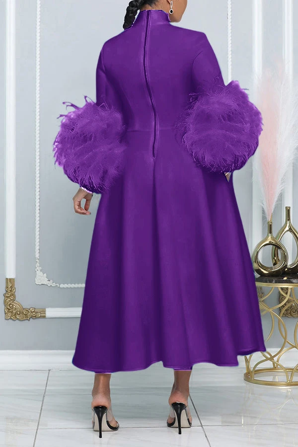 Fashionable High-Neck Leather Sleeve Dress With Bow Tie And Long Length 4 Fashionable High-Neck Leather Sleeve Dress With Bow Tie And Long Length - Image 4