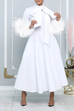 Fashionable High-Neck Leather Sleeve Dress With Bow Tie And Long Length 10 Fashionable High-Neck Leather Sleeve Dress With Bow Tie And Long Length -Acorpstyle XTF7734 WH 1