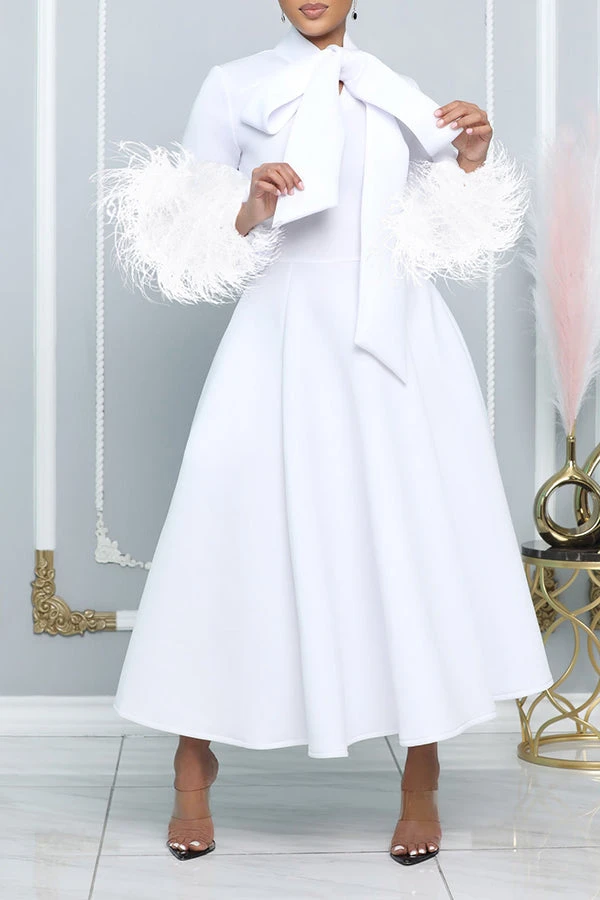 Fashionable High-Neck Leather Sleeve Dress With Bow Tie And Long Length 5 Fashionable High-Neck Leather Sleeve Dress With Bow Tie And Long Length - Image 5