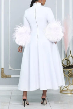 Fashionable High-Neck Leather Sleeve Dress With Bow Tie And Long Length 11 Fashionable High-Neck Leather Sleeve Dress With Bow Tie And Long Length -Acorpstyle XTF7734 WH 2