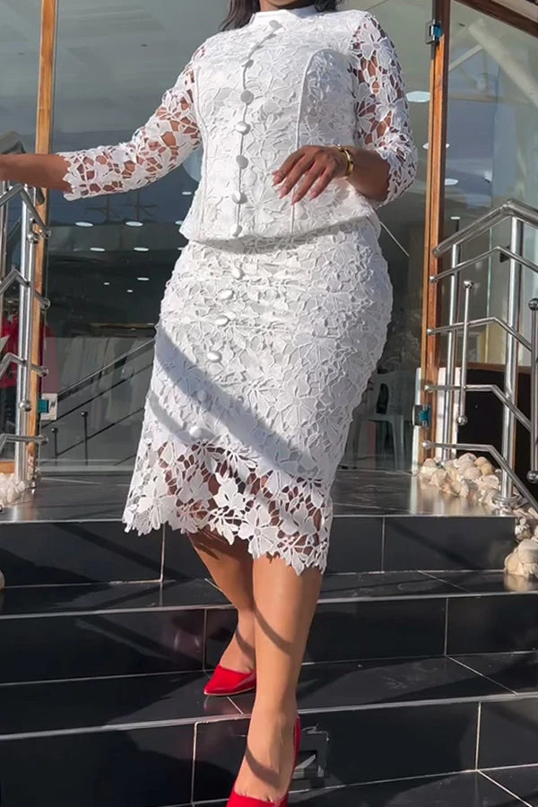 Chic Button Decoration Lace Blouse & Skirt Set 2 Chic Button Decoration Lace Blouse & Skirt Set - Image 2