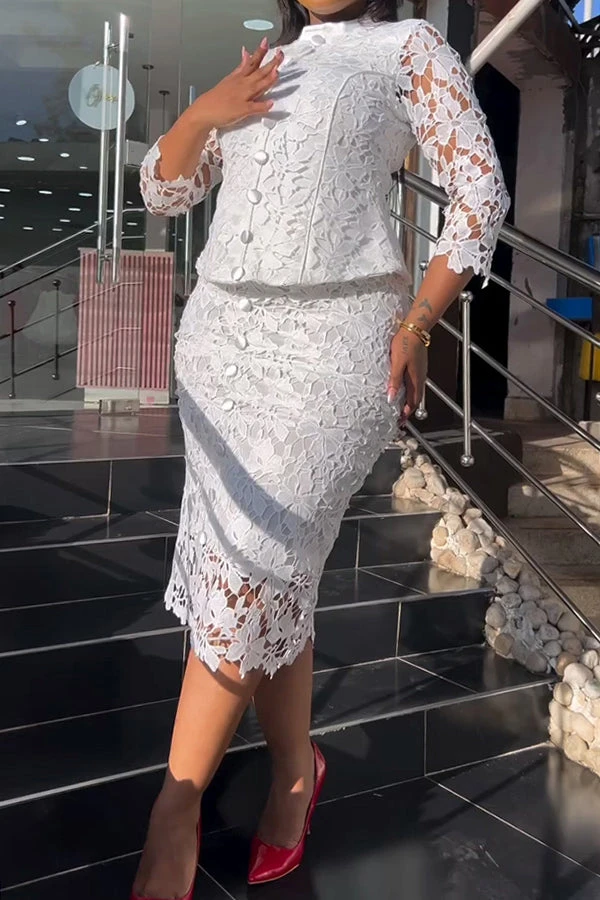 Chic Button Decoration Lace Blouse & Skirt Set 4 Chic Button Decoration Lace Blouse & Skirt Set - Image 4