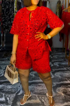 Customized Chic Button Up Lace Top & Shorts Set