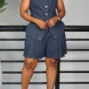Stylish Denim Vest & Pleated Shorts Set