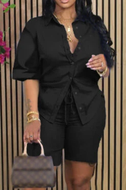 Mid-Sleeve Shirt & Drawstring Shorts Set -Acorpstyle XTH0129 BK 2