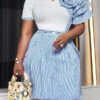 Three-Dimensional Floral Ruffle Top & Striped Skirt Set
