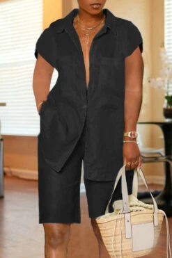 Casual Cotton Lapel Double Pocket Shirt & Shorts Set 16 Casual Cotton Lapel Double Pocket Shirt & Shorts Set -Acorpstyle XTH0407 BK 1