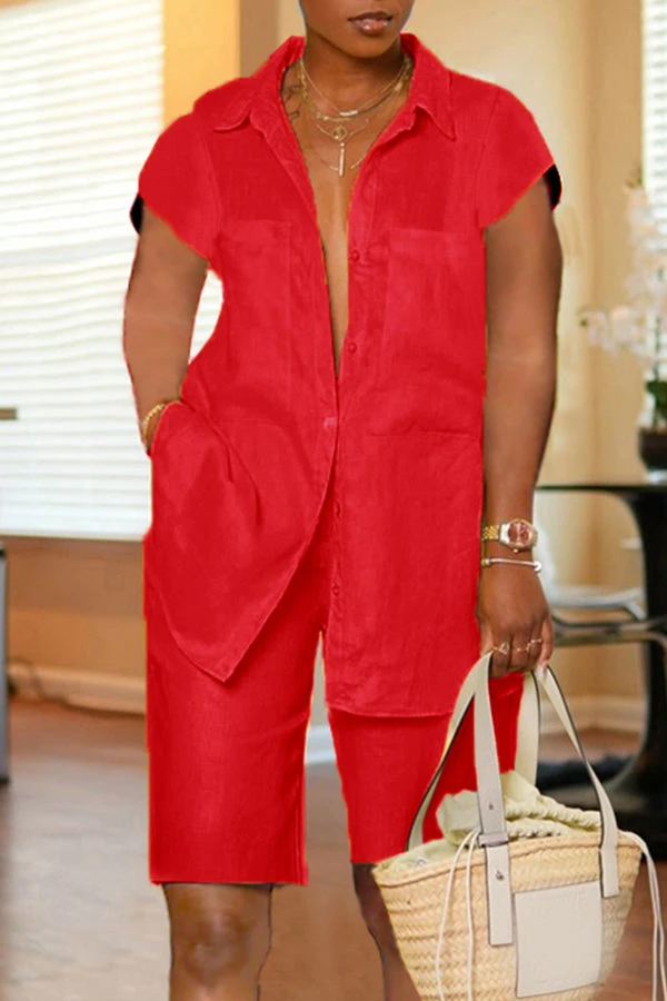 Casual Cotton Lapel Double Pocket Shirt & Shorts Set 3 Casual Cotton Lapel Double Pocket Shirt & Shorts Set - Image 3