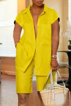 Casual Cotton Lapel Double Pocket Shirt & Shorts Set 18 Casual Cotton Lapel Double Pocket Shirt & Shorts Set -Acorpstyle XTH0407 YE 1