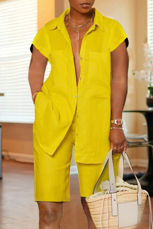 Casual Cotton Lapel Double Pocket Shirt & Shorts Set 9 Casual Cotton Lapel Double Pocket Shirt & Shorts Set - Image 9