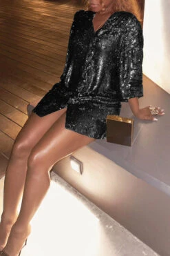 Party Sequin Three-quarter Sleeve Shirt Dress 13 Party Sequin Three-quarter Sleeve Shirt Dress -Acorpstyle XTH0682 BK 3