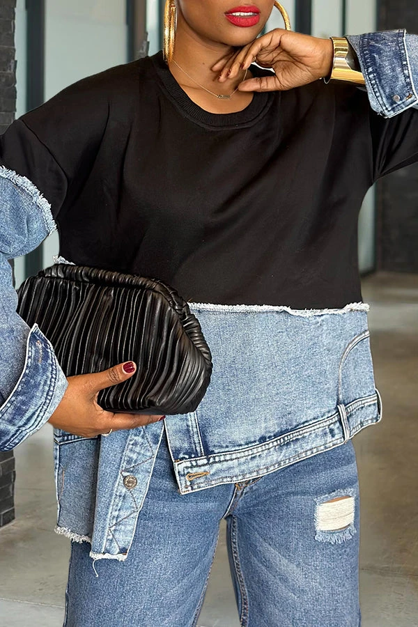 Stylish Irregular Hem Denim Patch Sweatshirt 3 Stylish Irregular Hem Denim Patch Sweatshirt - Image 3