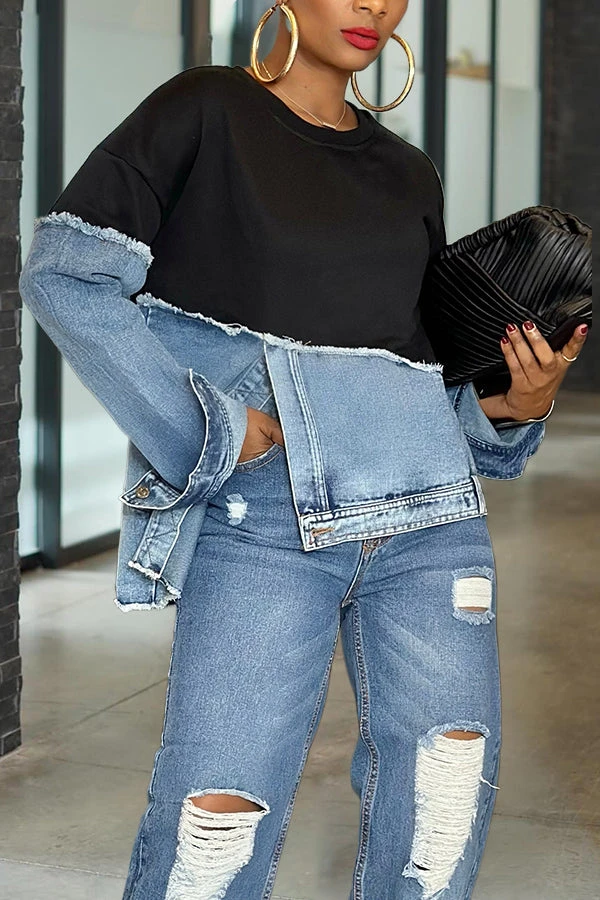 Stylish Irregular Hem Denim Patch Sweatshirt 1 Stylish Irregular Hem Denim Patch Sweatshirt