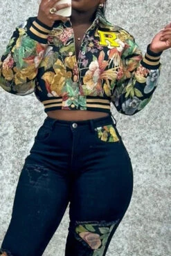 Retro Floral Print Collared Bomber Jacket 9 Retro Floral Print Collared Bomber Jacket -Acorpstyle XTH1496 BK 2