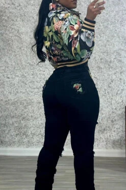 Retro Floral Print Collared Bomber Jacket 10 Retro Floral Print Collared Bomber Jacket -Acorpstyle XTH1496 BK 3