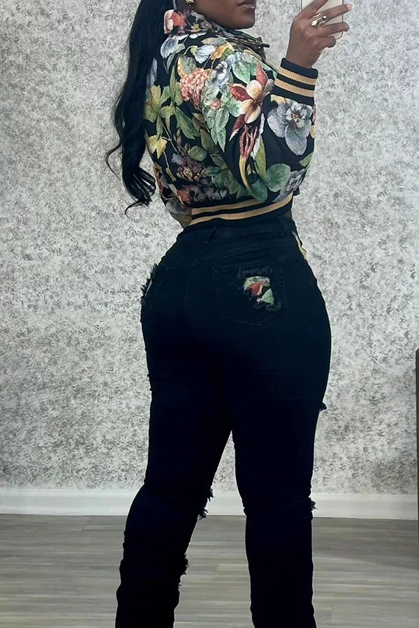 Retro Floral Print Collared Bomber Jacket 5 Retro Floral Print Collared Bomber Jacket - Image 5