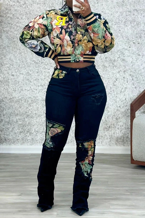 Retro Floral Print Collared Bomber Jacket 6 Retro Floral Print Collared Bomber Jacket - Image 6