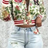 Retro Floral Print Collared Bomber Jacket