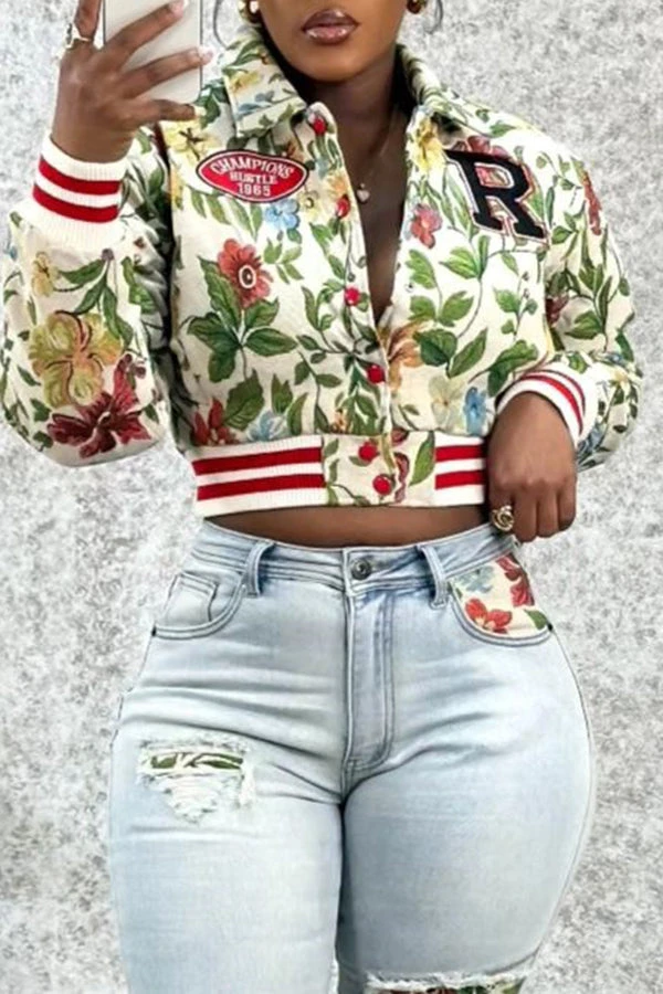 Retro Floral Print Collared Bomber Jacket 1 Retro Floral Print Collared Bomber Jacket
