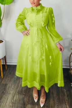 High Neck Hollow Out Lantern Sleeve Dress 14 High Neck Hollow Out Lantern Sleeve Dress -Acorpstyle XTH2247 GR 1