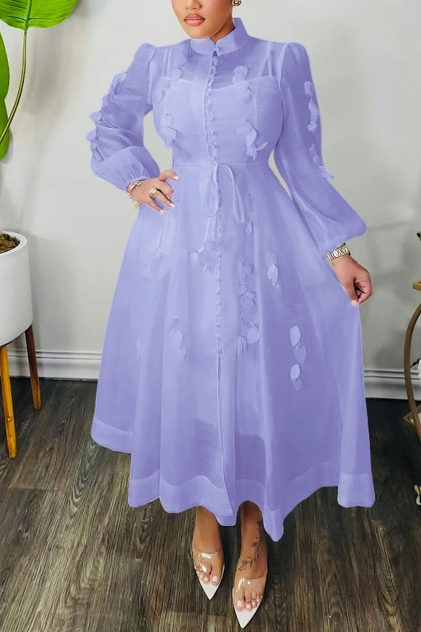 High Neck Hollow Out Lantern Sleeve Dress 5 High Neck Hollow Out Lantern Sleeve Dress - Image 5