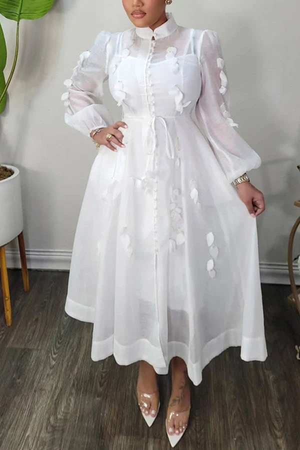 High Neck Hollow Out Lantern Sleeve Dress 1 High Neck Hollow Out Lantern Sleeve Dress