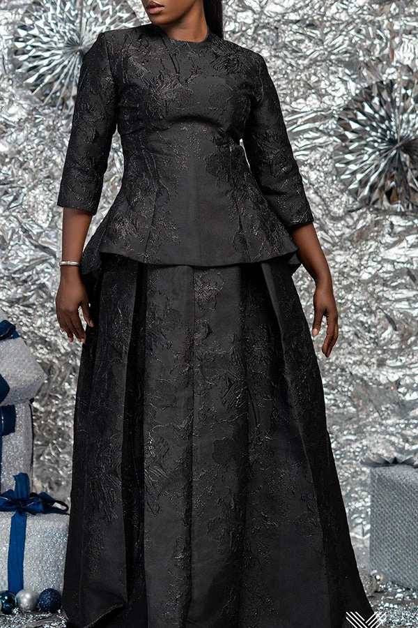 Elegant Three Quarter Sleeve Jacquard Top & Skirt Set 1 Elegant Three Quarter Sleeve Jacquard Top & Skirt Set