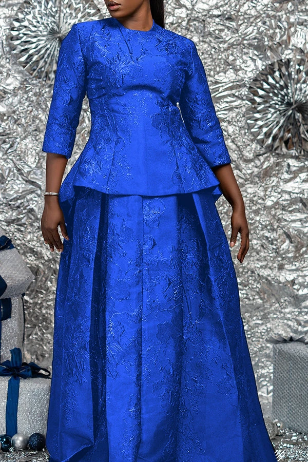 Elegant Three Quarter Sleeve Jacquard Top & Skirt Set 3 Elegant Three Quarter Sleeve Jacquard Top & Skirt Set - Image 3