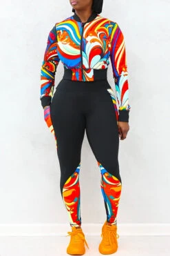 Sports Yoga Printed Zip Top & Leggings Set 9 Sports Yoga Printed Zip Top & Leggings Set -Acorpstyle XTH2650 BK 5