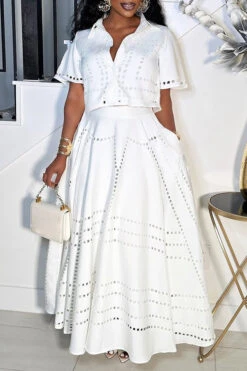 Stylish Burning Flower Craft Short Top & Skirt Set