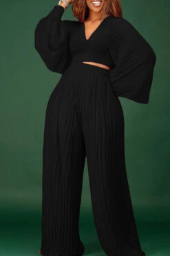 V-Neck Lantern Sleeve Pant Suit 7 V-Neck Lantern Sleeve Pant Suit -Acorpstyle XTK0096 BK 2