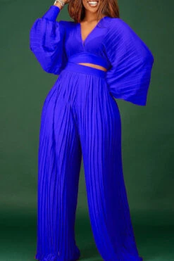 V-Neck Lantern Sleeve Pant Suit