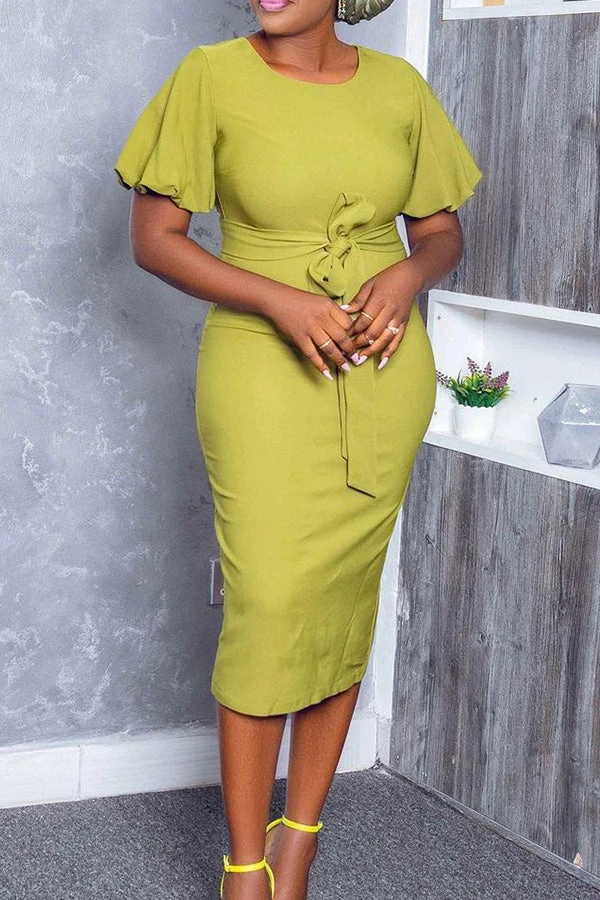 Puff Sleeve Tie Bodycon Midi Dress 2 Puff Sleeve Tie Bodycon Midi Dress - Image 2