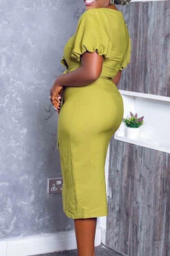 Puff Sleeve Tie Bodycon Midi Dress 5 Puff Sleeve Tie Bodycon Midi Dress -Acorpstyle XTK0216 GR 3