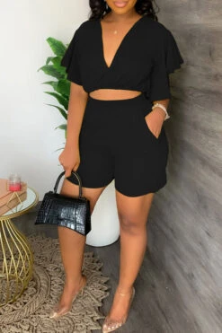 Bright V Neck Top & Shorts Set -Acorpstyle XTL2703 BK 3