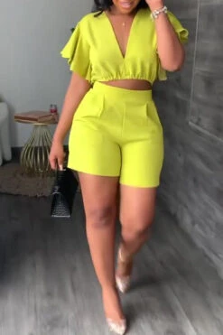 Bright V Neck Top & Shorts Set -Acorpstyle XTL2703 YE 4