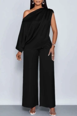 Elegant Satin Oblique Neck Top & Pants Set 17 Elegant Satin Oblique Neck Top & Pants Set -Acorpstyle XTO0204 BK 1