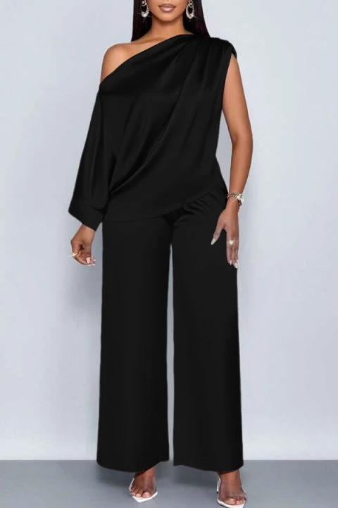Elegant Satin Oblique Neck Top & Pants Set 7 Elegant Satin Oblique Neck Top & Pants Set - Image 7