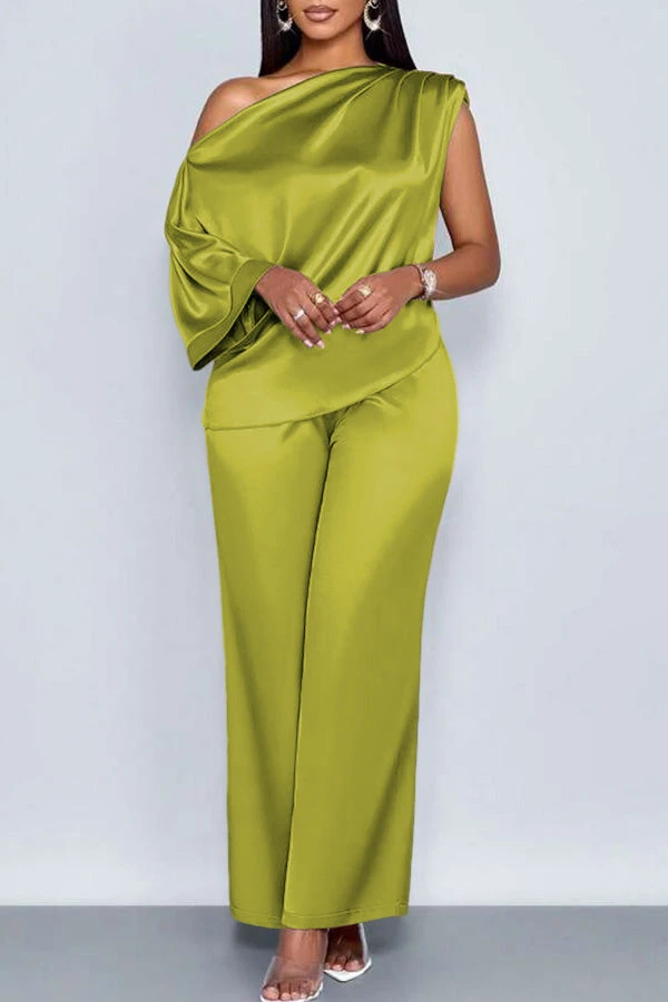 Elegant Satin Oblique Neck Top & Pants Set 10 Elegant Satin Oblique Neck Top & Pants Set - Image 10