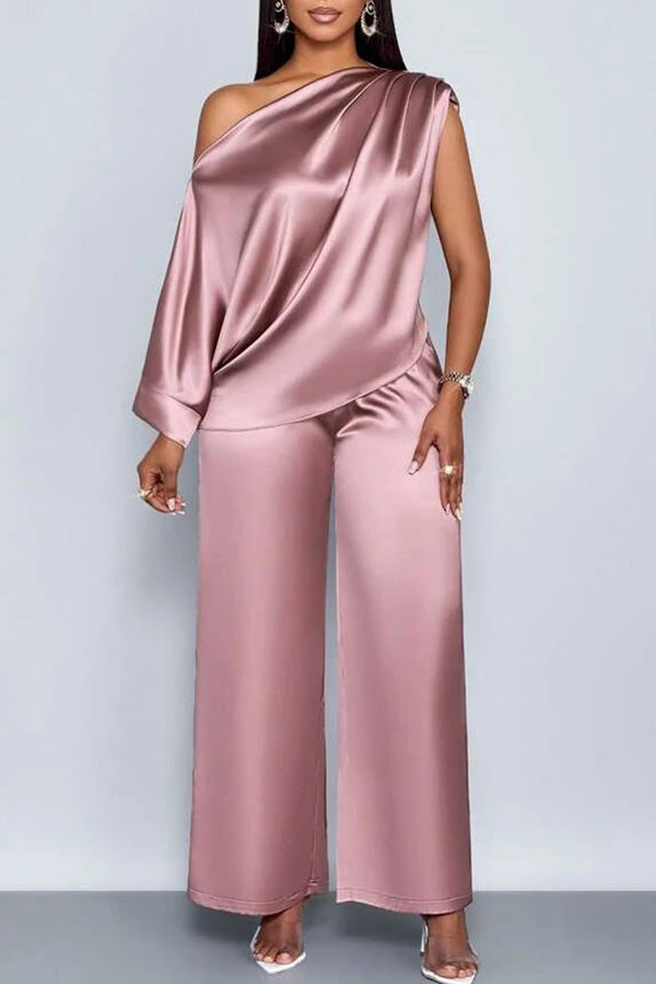 Elegant Satin Oblique Neck Top & Pants Set 2 Elegant Satin Oblique Neck Top & Pants Set - Image 2