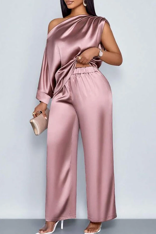 Elegant Satin Oblique Neck Top & Pants Set 4 Elegant Satin Oblique Neck Top & Pants Set - Image 4