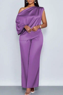 Elegant Satin Oblique Neck Top & Pants Set 15 Elegant Satin Oblique Neck Top & Pants Set -Acorpstyle XTO0204 PU 1