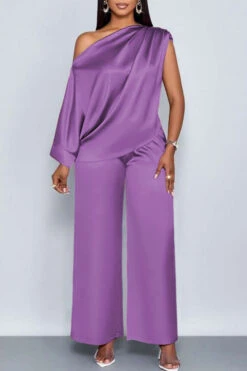 Elegant Satin Oblique Neck Top & Pants Set 16 Elegant Satin Oblique Neck Top & Pants Set -Acorpstyle XTO0204 PU 2